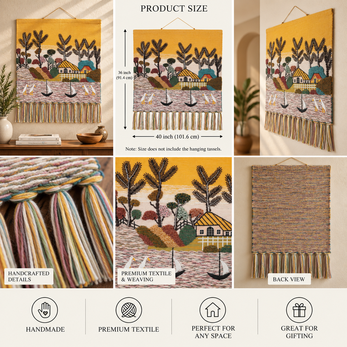 Handmade Coastal Village Tapestry, Woven Seaside Wall Art (36x40 Inch)