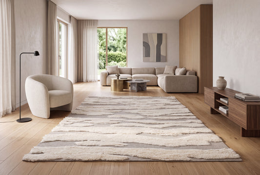 Hand Knotted Moroccan Wool Rug – Ivory Cream & Taupe Textured Geometric Area Rug
