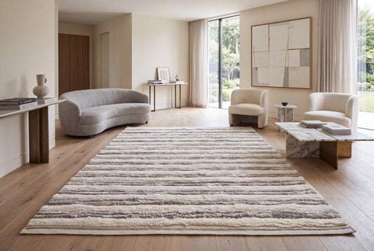 Hand Knotted Moroccan Wool Rug – Ivory & Grey Textured Striped Design