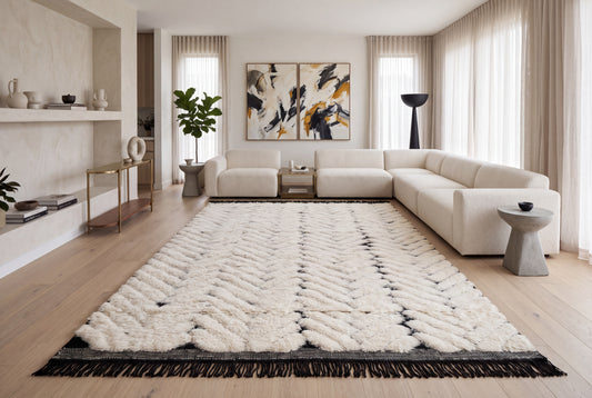 Hand Knotted Moroccan Wool Rug – Ivory & Black Chevron Pattern | Luxury High Pile Rug