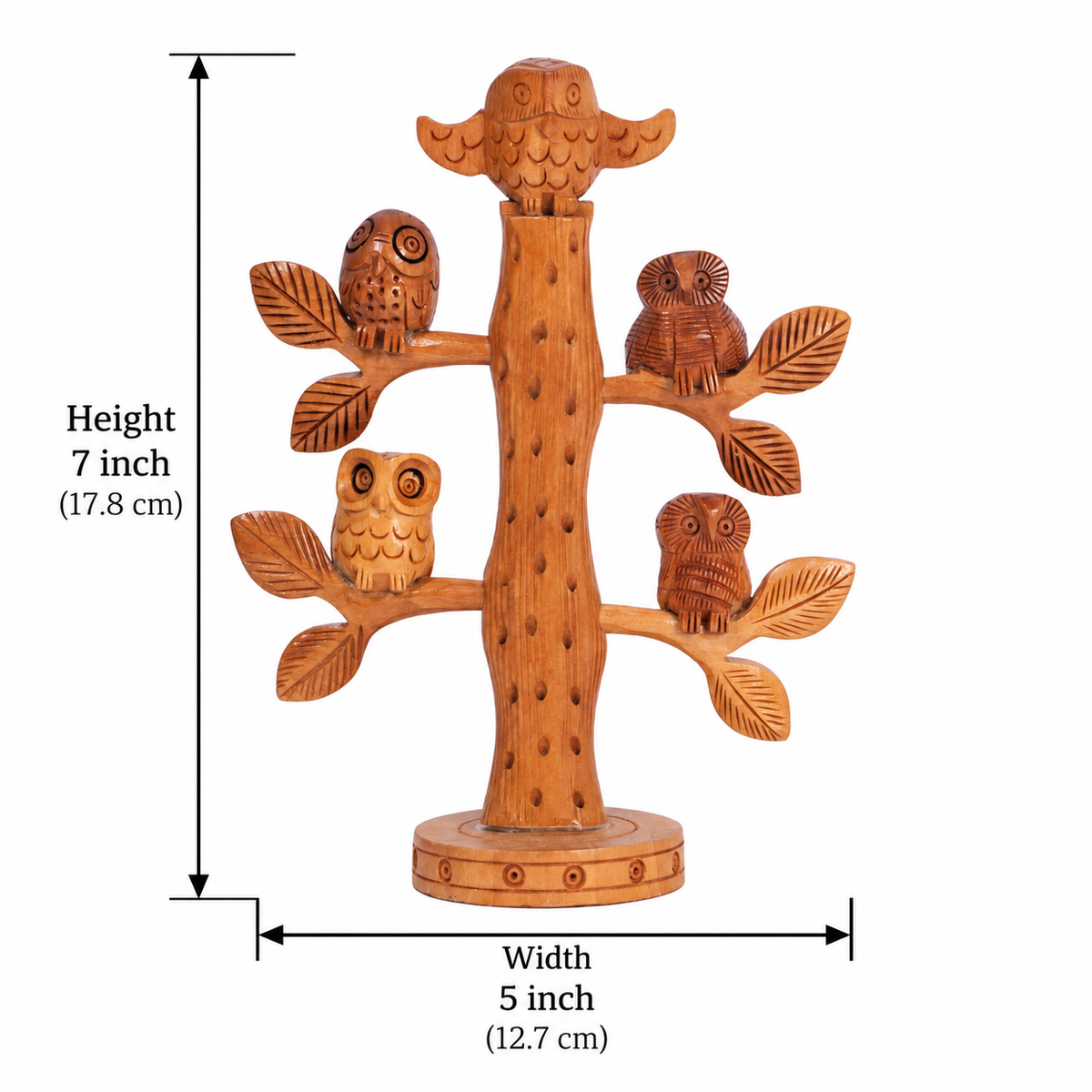 Hand Carved Wooden Owl Tree Sculpture – Rustic Bird Family Decor, Handmade Wood Display