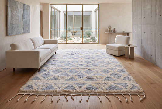 Hand Knotted Moroccan Wool Rug – Cream and Blue Geometric Shag Area Rug