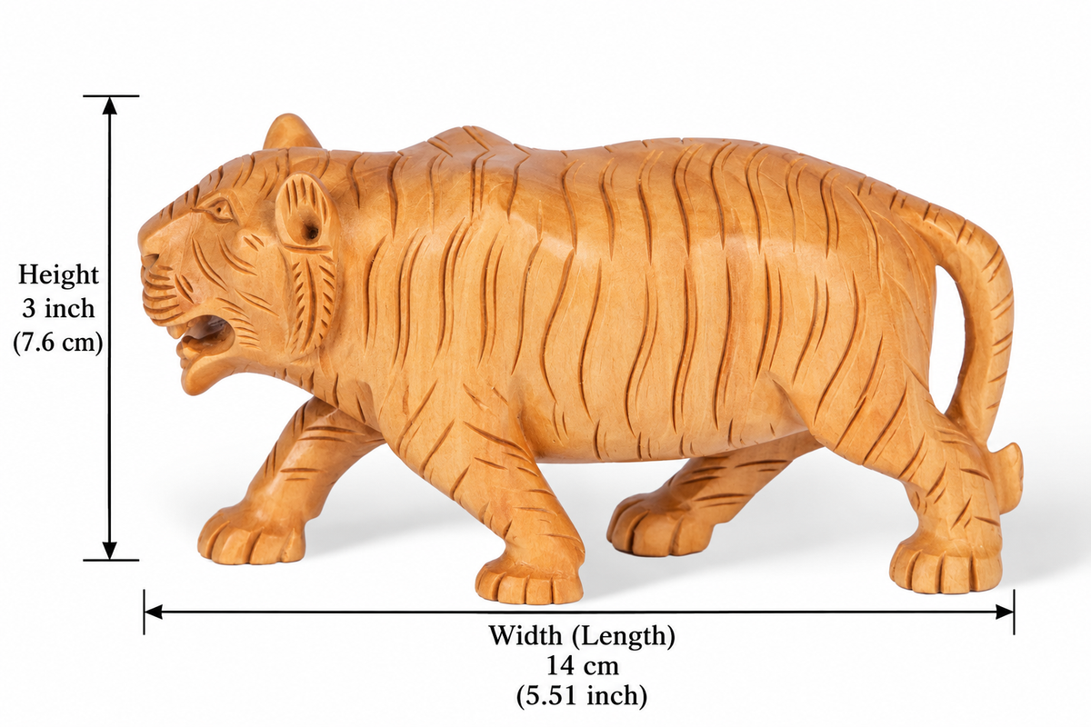 Hand Carved Wooden Tiger Sculpture – Traditional Indian Tiger Figurine for Home Décor