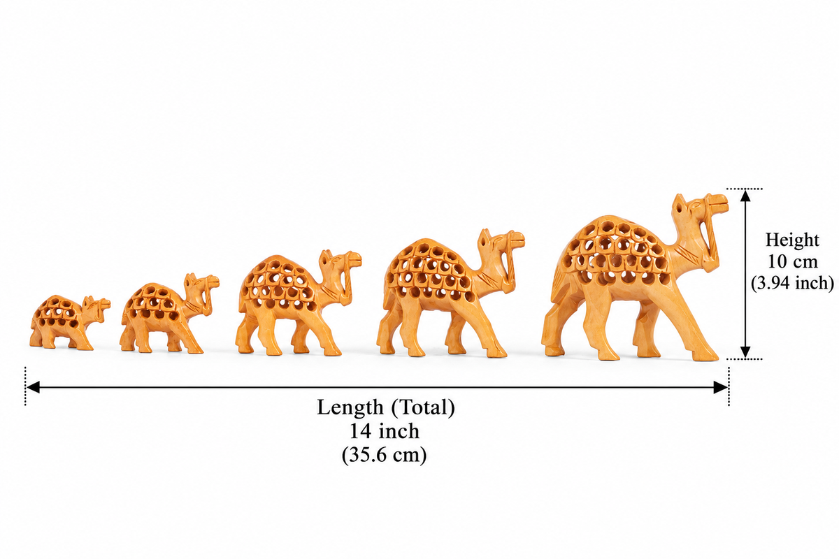 Hand Carved Wooden Camel Family Set – Traditional Indian Camel Figurines Set of 5 for Home Décor