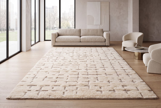 Luxury Cream Moroccan Hand Knotted Rug – Textured Geometric New Zealand Wool Area Rug