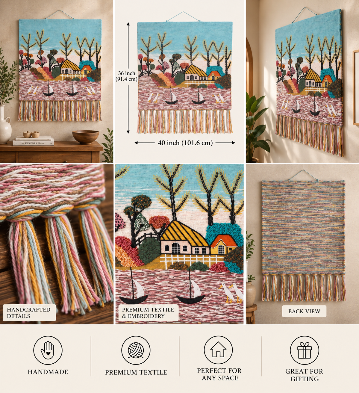 Handwoven Coastal Village Tapestry, Seaside Landscape, Boho Home Decor (36x40 Inch)