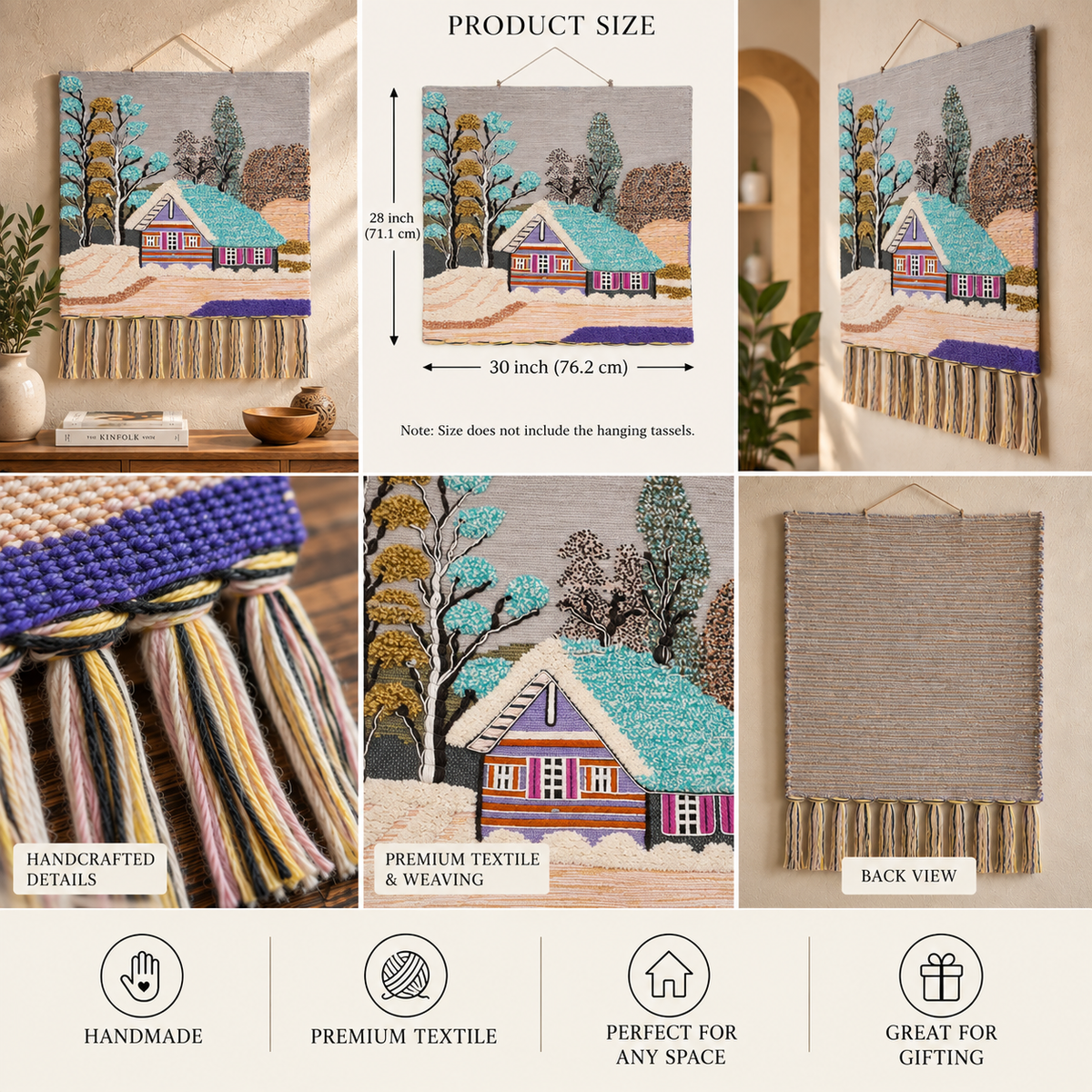 Handmade Woven Tapestry, Cottage Landscape Wall Hanging, Boho Fiber Art (28x30 Inch)