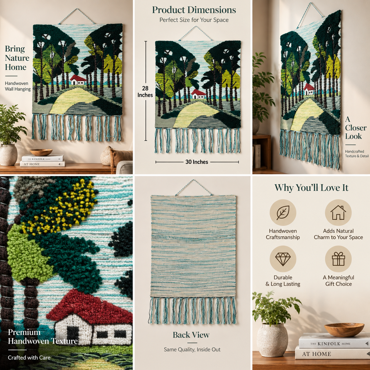 Handwoven Forest Landscape Tapestry, Cottage Pathway, Rustic Boho Wall Hanging (28x30 Inch)