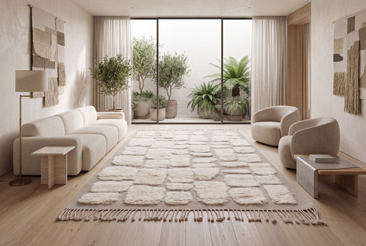 Handcrafted Moroccan Wool Rug – Ivory & Natural Beige Plush Geometric Design, Hand Knotted Luxury Area Rug