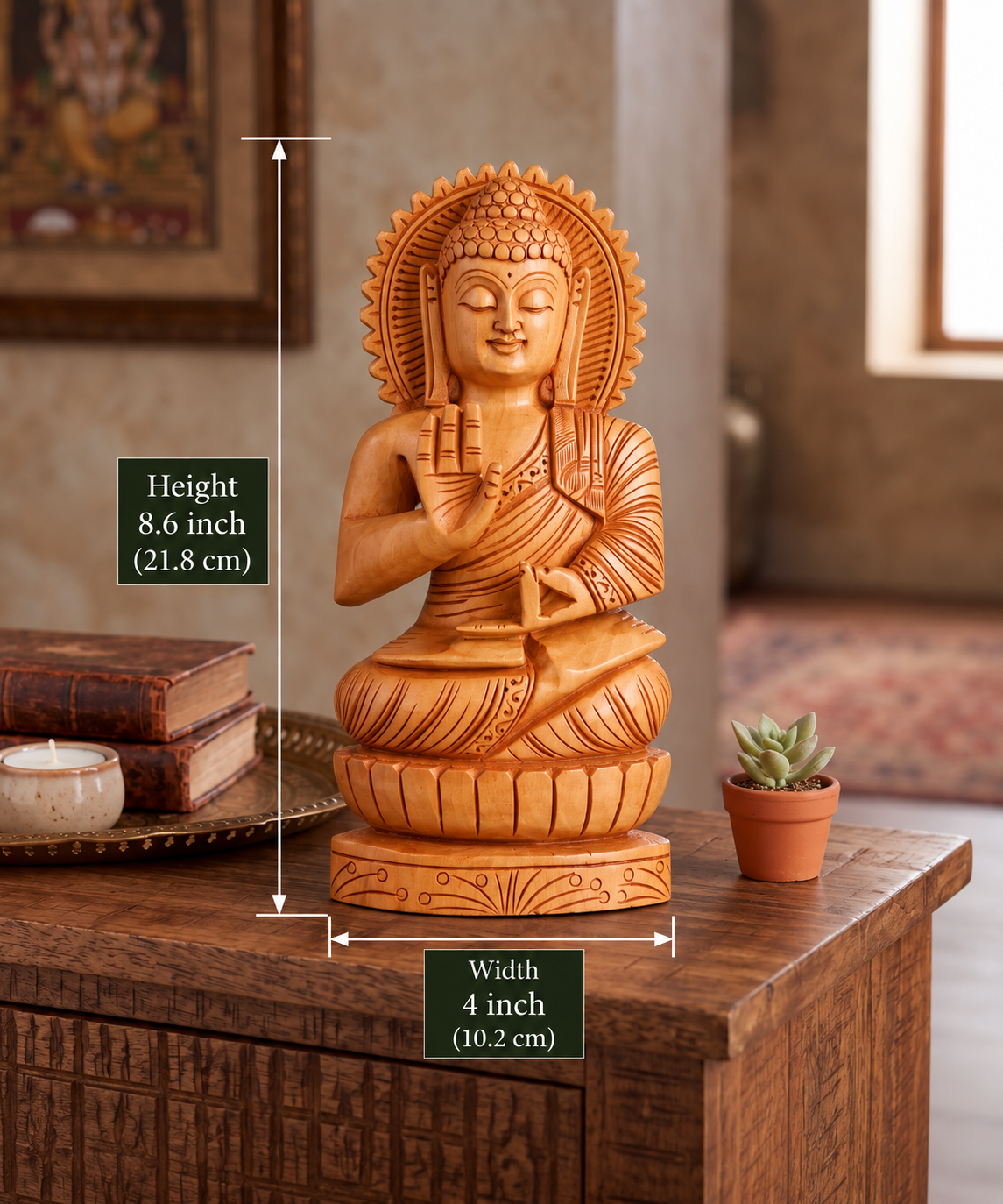Hand Carved Wooden Buddha Statue – Meditation & Peace Decor, Indian Wood Sculpture