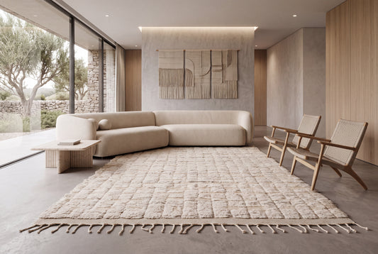 Hand Knotted Moroccan Wool Rug – Ivory Cream Textured Geometric Shaggy Area Rug