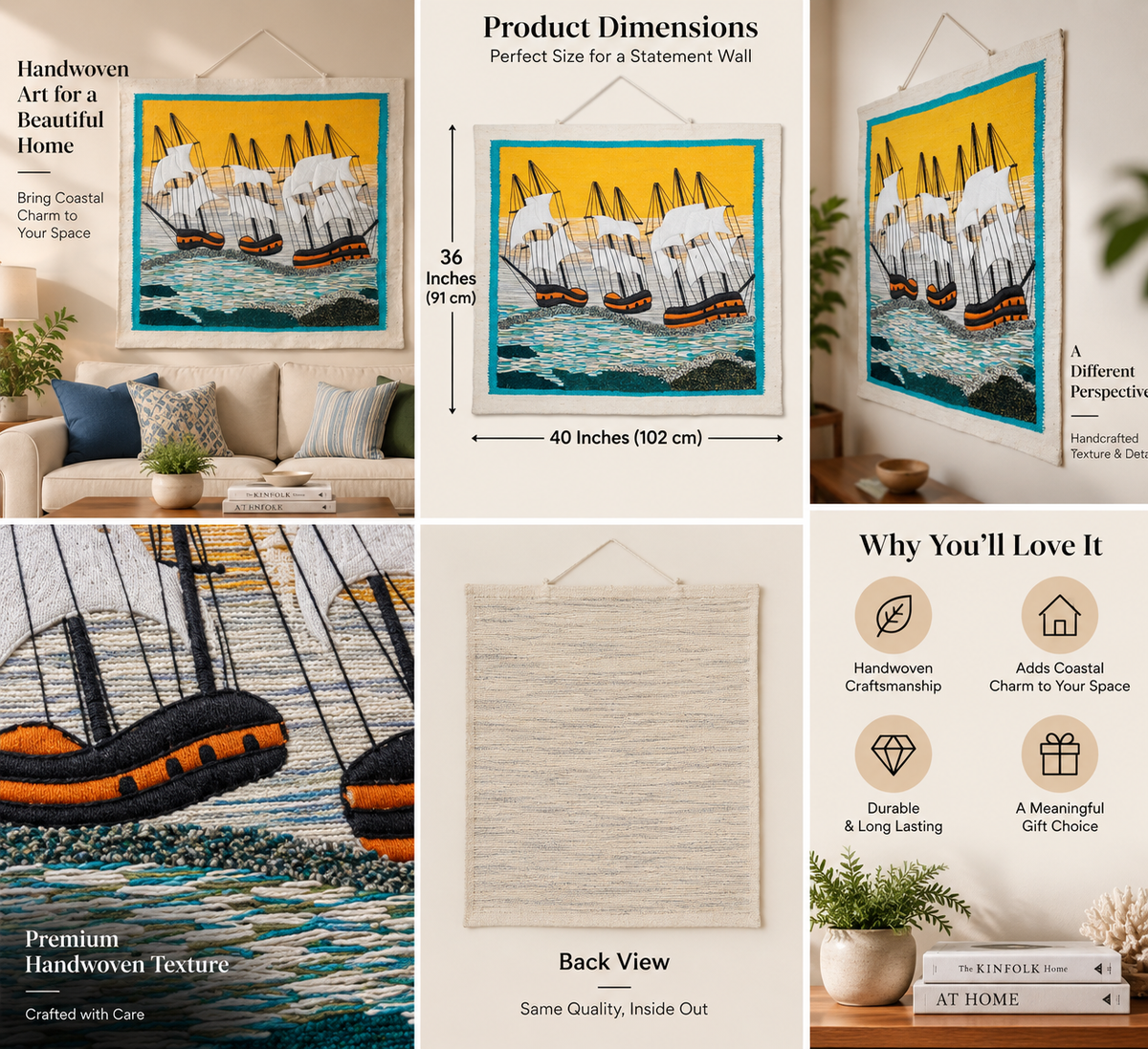 Handwoven Sailboat Tapestry, 36x40 Inch, Nautical Coastal Wall Art