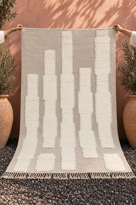 Moroccan Ivory & Beige Wool Rug – Textured Handwoven Area Rug with Fringe | Luxury Moroccan Rug