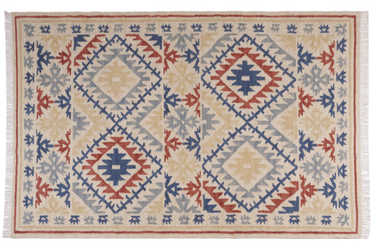 Handwoven Geometric Kilim Durrie Rug | Beige & Navy