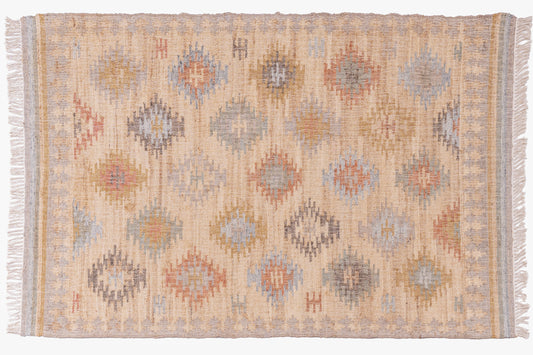 Handwoven Natural Jute Kilim Area Rug in Sand Beige & Soft Blue, Vintage Moroccan Inspired Carpet for Living Room, Bedroom & Home