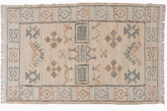 Handwoven Jute Kilim Rug, Vintage Geometric Area Rug, Beige Blue Bohemian Carpet, Natural Jute Cotton Flatweave Rug