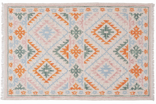 Handwoven Wool Kilim Durrie Rug – Pastel Geometric Tribal Area Rug with Fringe