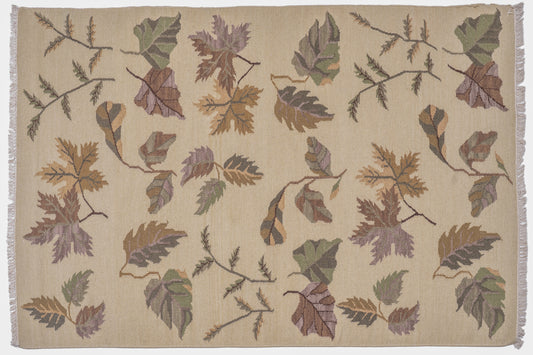 Handwoven Wool Kilim Rug – Botanical Leaf Pattern Beige Area Rug with Fringed Edges