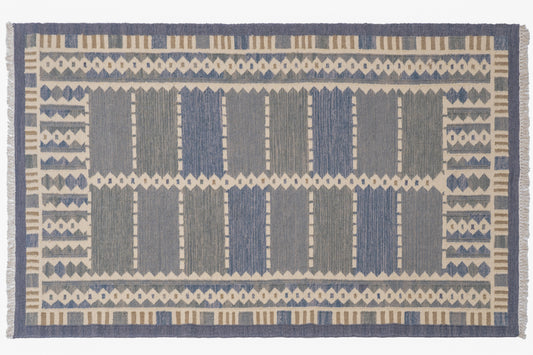Handwoven Wool Kilim Durrie Rug – Blue Grey Geometric Tribal Area Rug with Fringe