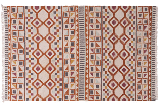 Handwoven Wool Kilim Durrie Rug, Multicolor Geometric Tribal Area Rug, Traditional Indian Flatweave Carpet