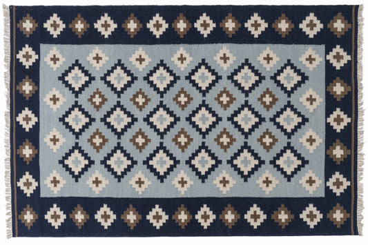 Handwoven Wool Kilim Durrie Rug – Navy Blue Geometric Moroccan-Inspired Area Rug