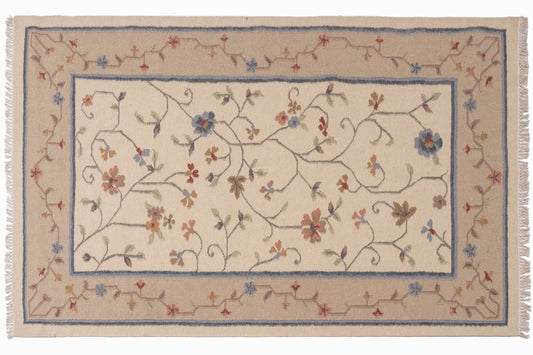 Hand-Woven Woolen Durrie – Beige & Blue Floral Vine Pattern Area Rug (80% Wool, 20% Cotton)