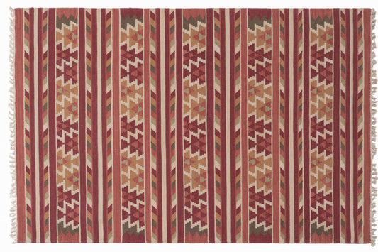 Traditional Handwoven Kilim Area Rug – Terracotta Geometric Tribal Pattern with Earthy Tones and Fringed Ends