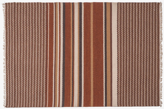 Handwoven Kilim Rug, Rustic Brown Striped Area Rug, Geometric Flat Weave Wool Rug with Fringe, 1300 GSM