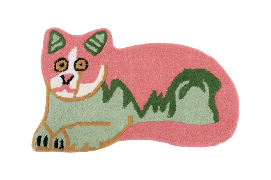 Hand Tufted Cat Rug – Pink & Green Cute Animal Shaped Wool Rug for Kids Room, Bedroom & Nursery Décor | 1.4 × 2.3 Feet