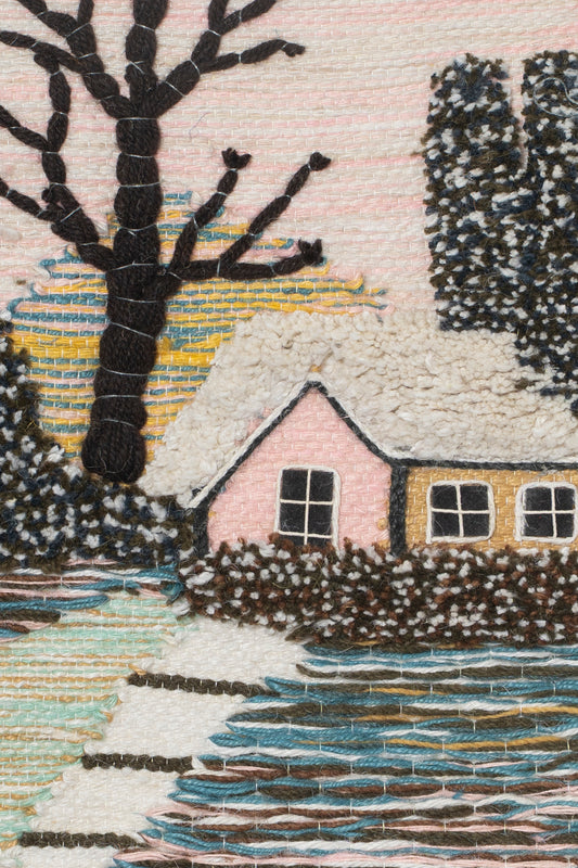 Handwoven Winter Village Tapestry, 18x12 Inch, Rustic Cottage Wall Hanging