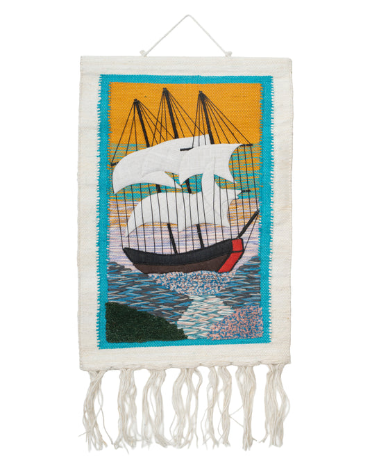 Handwoven Sailboat Tapestry, 30x20 Inch, Nautical Coastal Wall Hanging