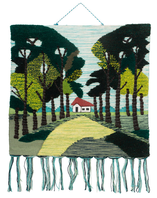 Handwoven Forest Landscape Tapestry, Cottage Pathway, Rustic Boho Wall Hanging (28x30 Inch)