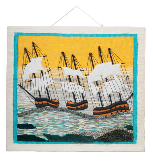 Handwoven Sailboat Tapestry, 36x40 Inch, Nautical Coastal Wall Art