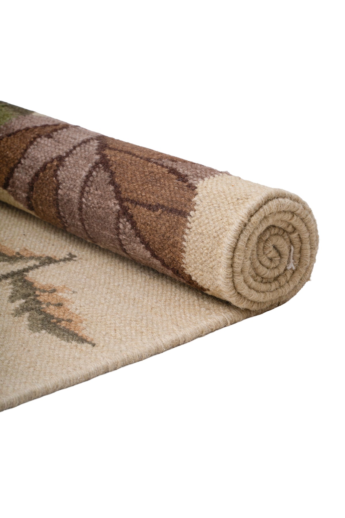Handwoven Wool Kilim Rug – Botanical Leaf Pattern Beige Area Rug with Fringed Edges