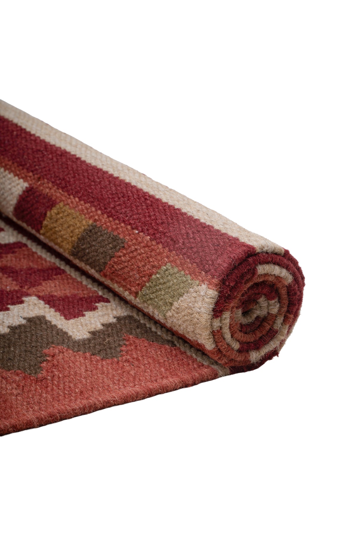 Traditional Handwoven Kilim Area Rug – Terracotta Geometric Tribal Pattern with Earthy Tones and Fringed Ends