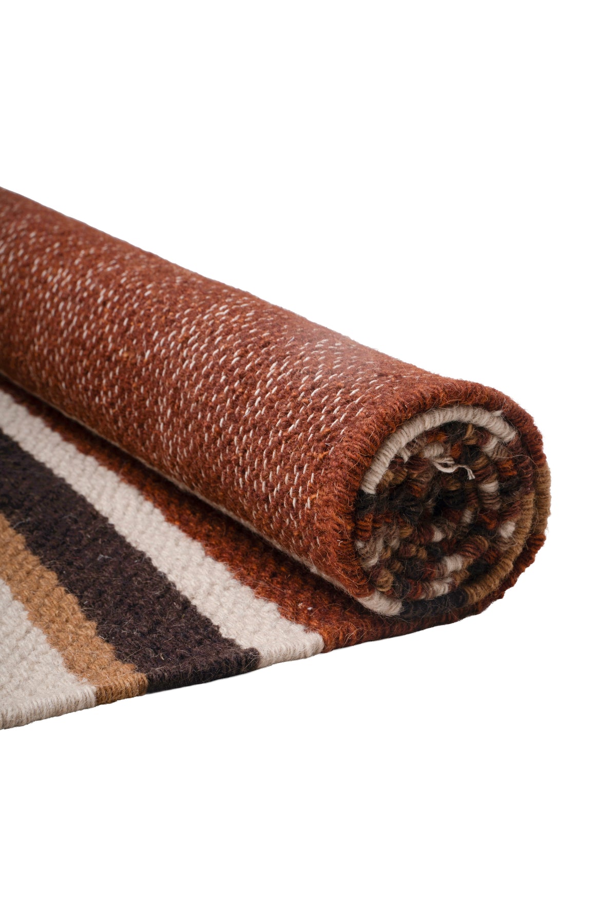 Handwoven Kilim Rug, Rustic Brown Striped Area Rug, Geometric Flat Weave Wool Rug with Fringe, 1300 GSM