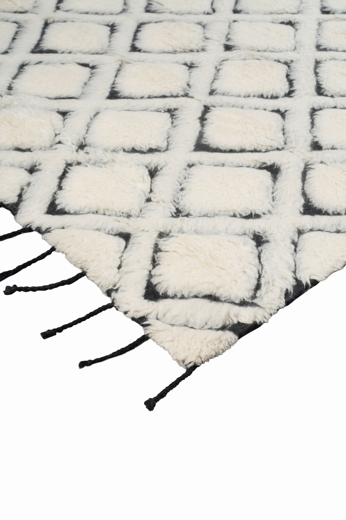 Hand Knotted Moroccan Wool Rug – Cream & Black Diamond Geometric Berber Rug, Plush Handmade Area Rug