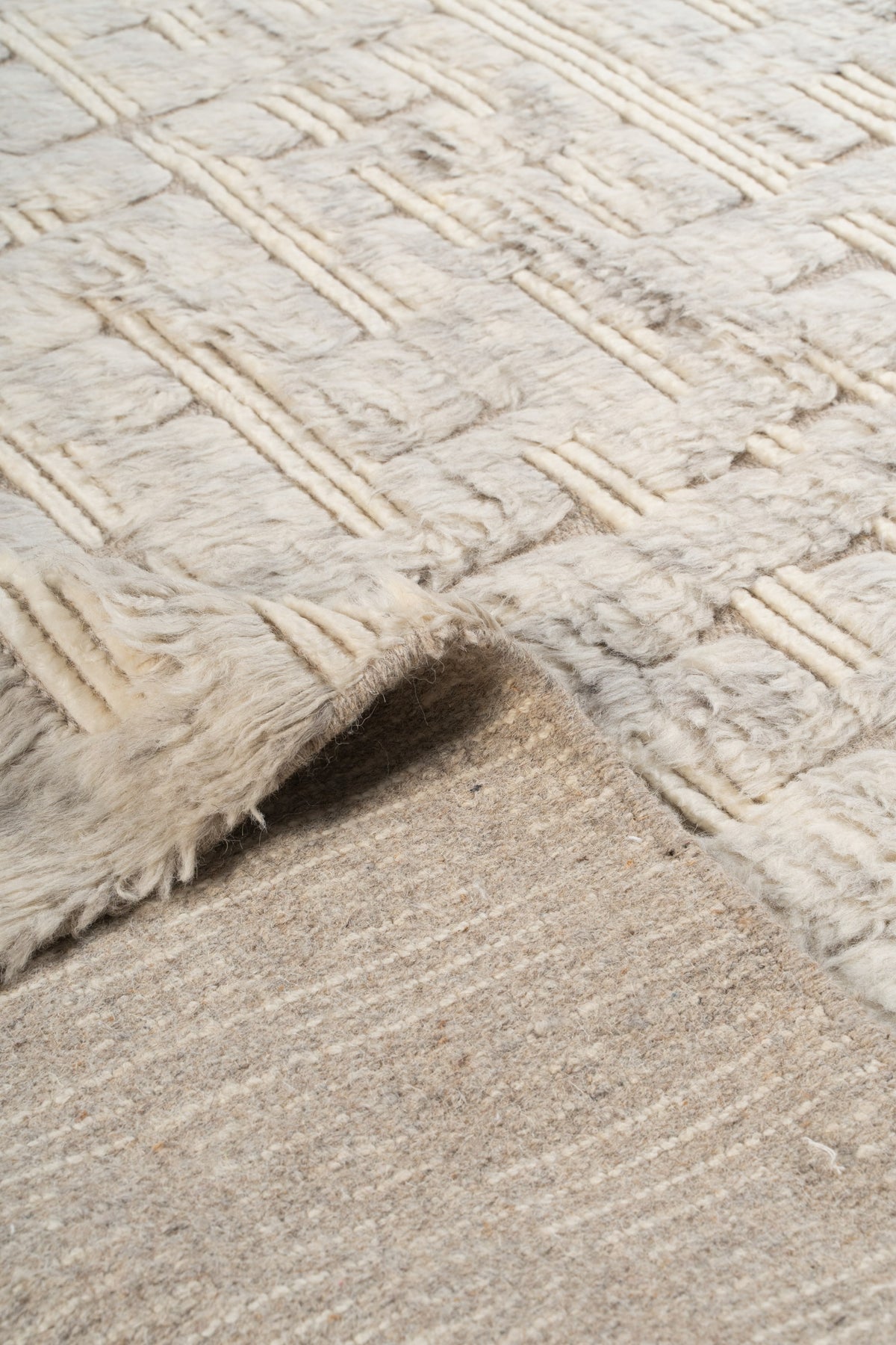 Hand Knotted Moroccan Wool Rug – Ivory Cream Textured Geometric Shaggy Area Rug