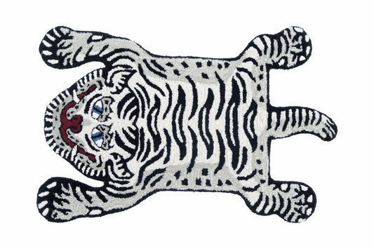 Hand Tufted Tiger Rug – Black & White Animal Shaped Wool Rug for Kids Room, Bedroom & Nursery Décor | 2 × 3 Feet
