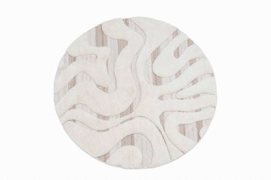Hand Tufted Round Abstract Rug – Cream & Beige Organic Wave Pattern Wool Rug for Living Room, Bedroom & Modern Home Décor | 3 × 3 Feet