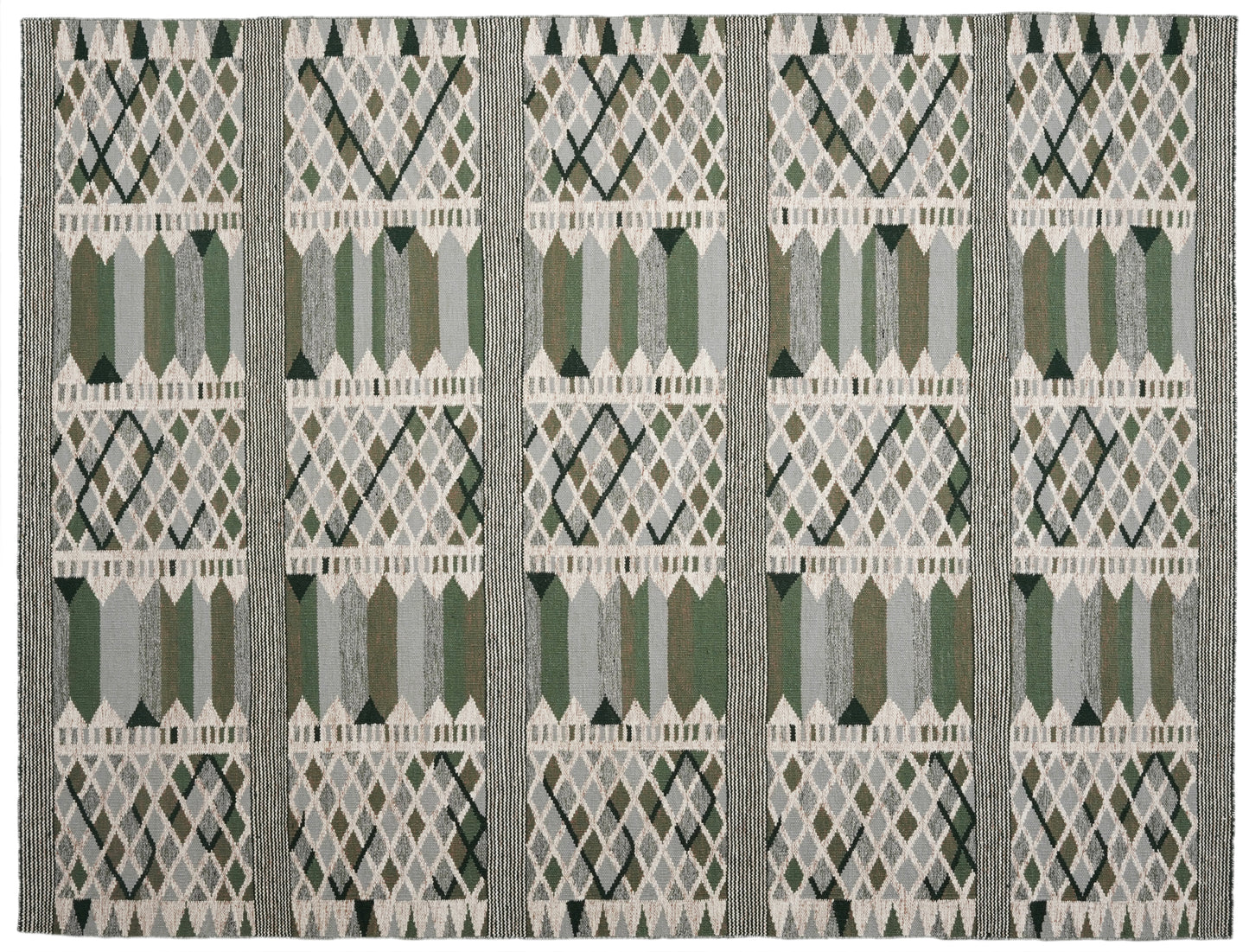 Swedish Rölakan-Style Handwoven Scandinavian Rug | Green, Grey & Ivory Geometric Wool Rug