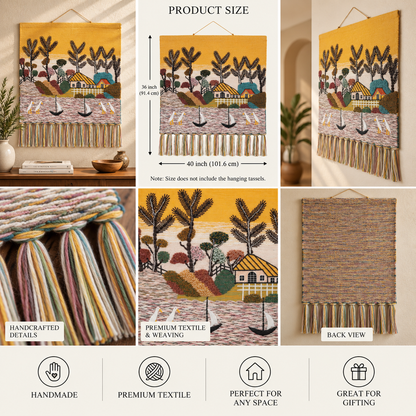 Handmade Coastal Village Tapestry, Woven Seaside Wall Art (36x40 Inch)