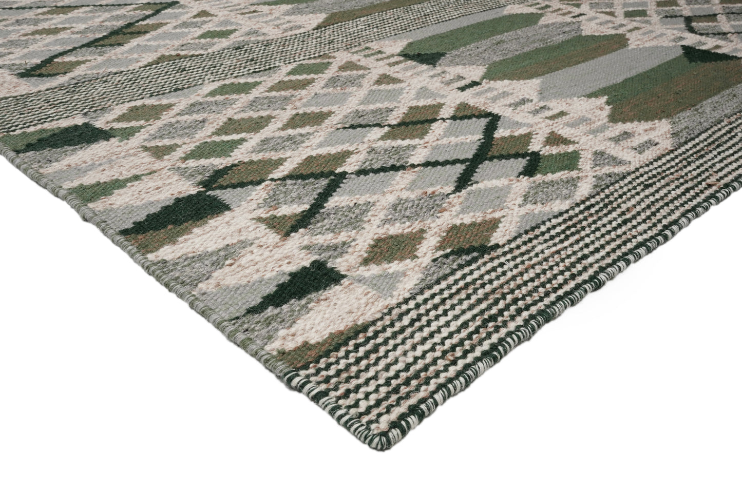 Swedish Rölakan-Style Handwoven Scandinavian Rug | Green, Grey & Ivory Geometric Wool Rug