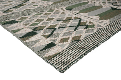 Swedish Rölakan-Style Handwoven Scandinavian Rug | Green, Grey & Ivory Geometric Wool Rug