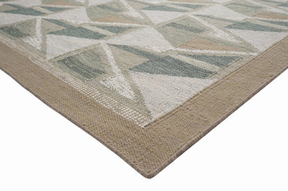 Handwoven Kilim Rug, Sage Beige Triangle Geometric Flatweave Rug, Scandinavian Wool Area Rug