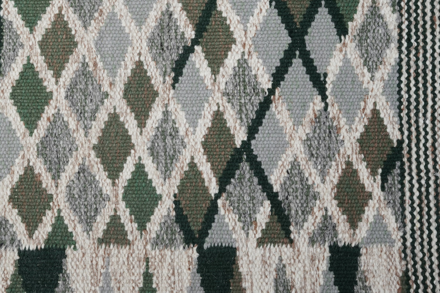 Swedish Rölakan-Style Handwoven Scandinavian Rug | Green, Grey & Ivory Geometric Wool Rug