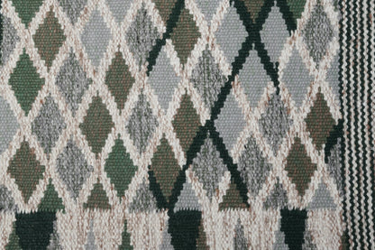 Swedish Rölakan-Style Handwoven Scandinavian Rug | Green, Grey & Ivory Geometric Wool Rug