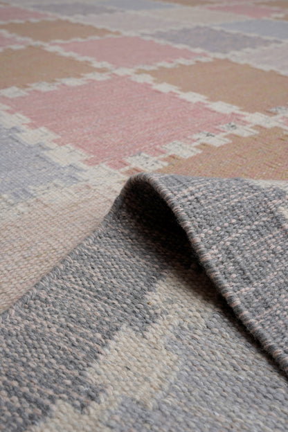 Handwoven Scandinavian Geometric Area Rug, Dusty Pink Taupe Grey Wool Carpet