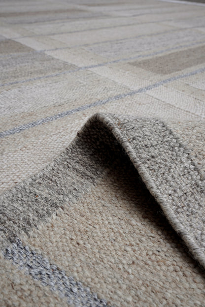 Handwoven Kilim Rug, Cream Grey Striped Flatweave Wool Rug, Scandinavian Border Rug, Minimalist Boho Area Rug