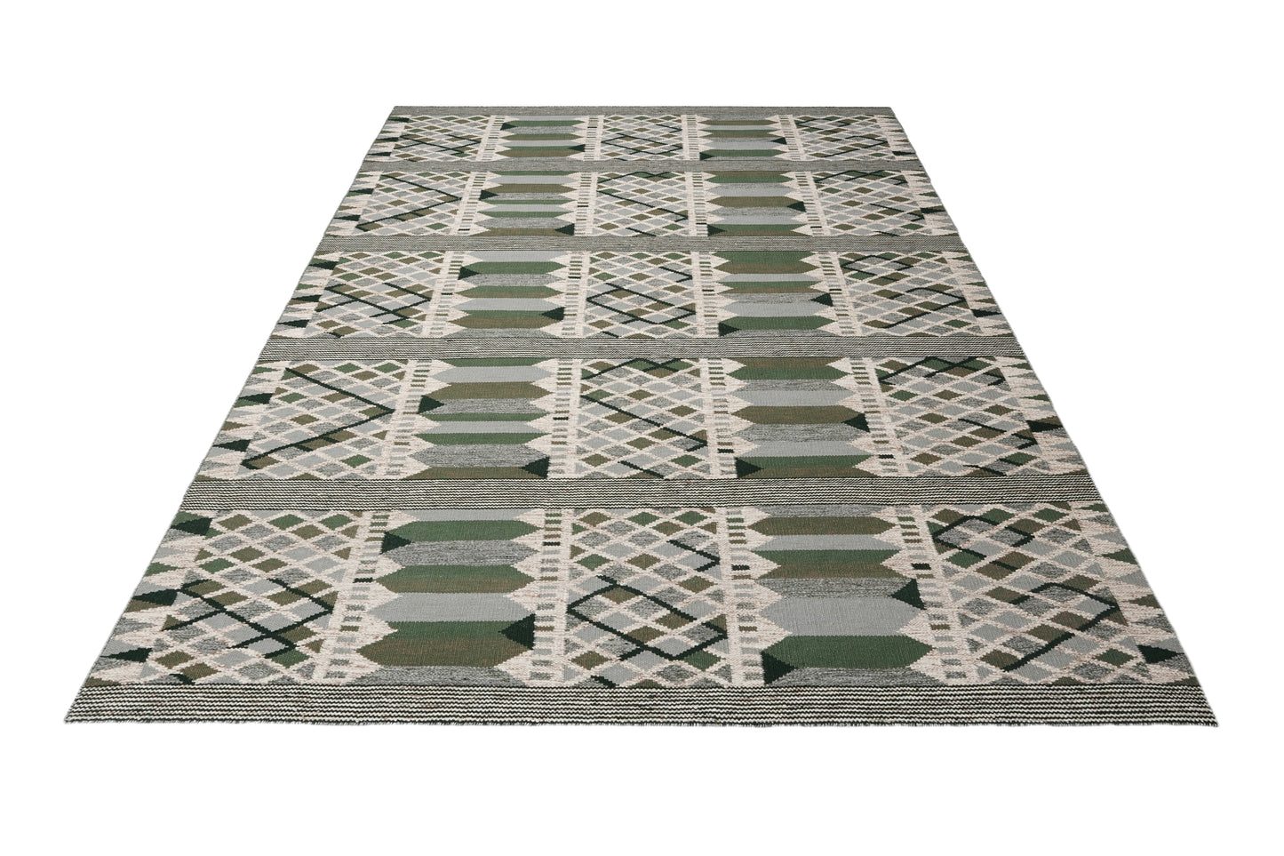 Swedish Rölakan-Style Handwoven Scandinavian Rug | Green, Grey & Ivory Geometric Wool Rug